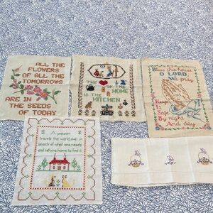 Handcrafted vintage Embroidered/ Cross stitched on linen set of 5 pieces